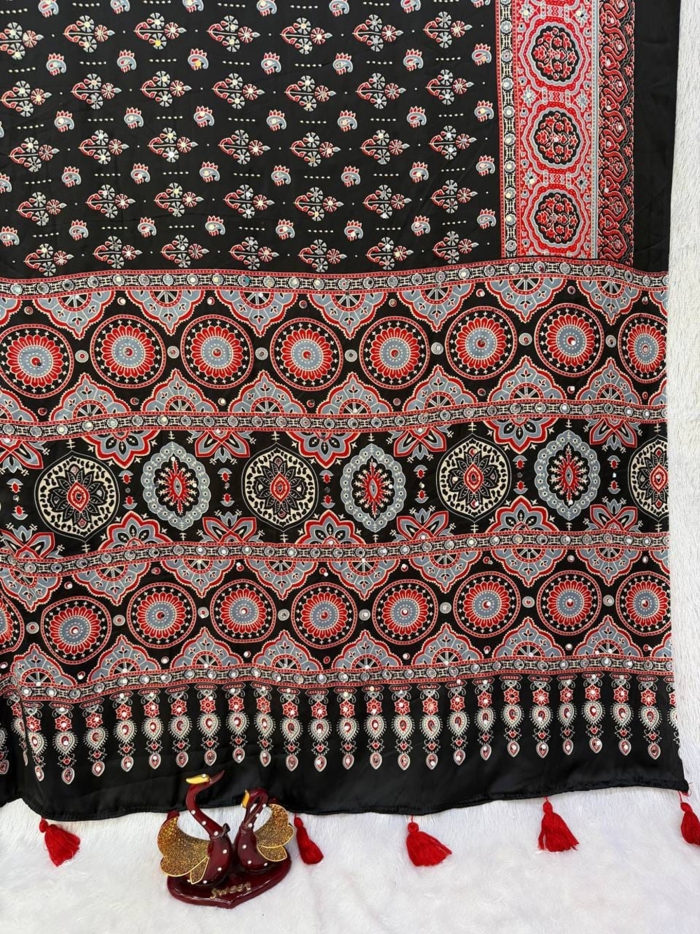 Ajrakh Print Japan Satin Saree with Mirror Work & Latkan - Picture 17 of 17